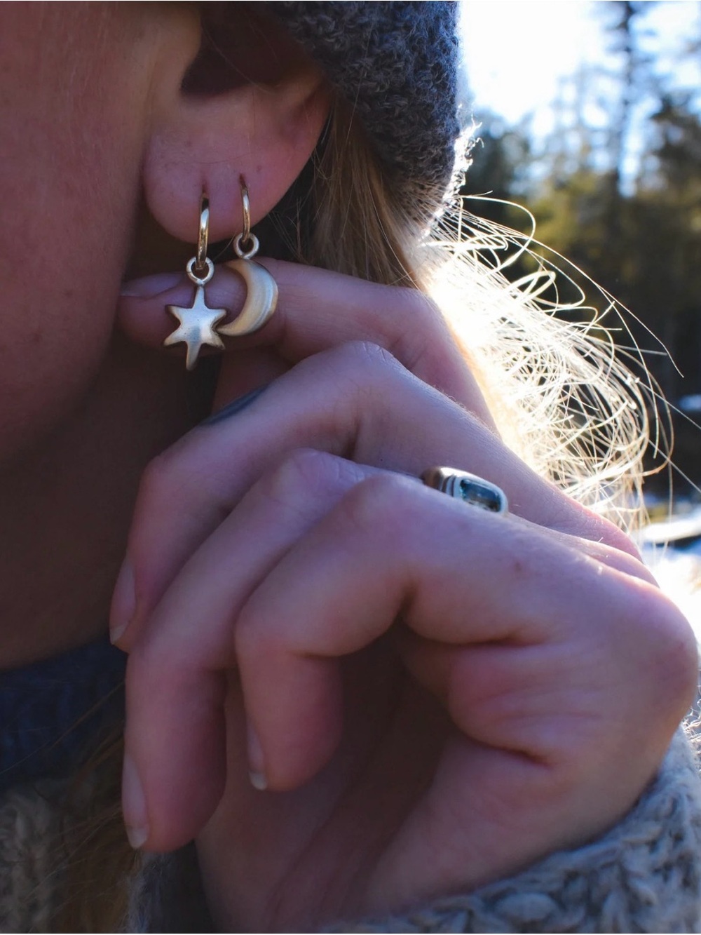 Solid 10k yellow gold star and moon hoop charms